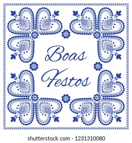 Nordic folk art season card vector template. Boas Festos – Happy Holidays in Portuguese. Folklore embroidery style with blue and white. Design for banner, greeting card, gift tags or background.