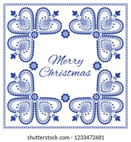 Nordic folk art season card vector template. Merry Christmas in Scandinavian style with blue and white colors. Design for banner, poster, greeting card, gift tags or holiday background.