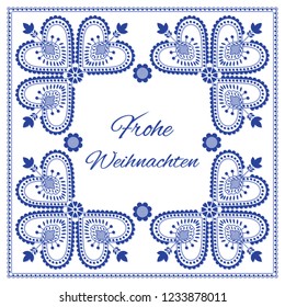 Nordic folk art season card vector template. Frohe Weihnachten - Merry Christmas in German. Blue and white folklore embroidery style background design in blue and white colors.