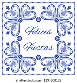 Nordic folk art season card vector template. Felices Fiestas – Happy Holidays in Spanish. Folklore style design background in blue and white colors for banner, greeting, party invitation, poster. 