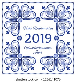 Nordic folk art season card vector template. Frohe Weihnachten & Gluckliches neues Jahr 2019 - Merry Christmas and Happy New Year in German. Blue and white folklore style design background.