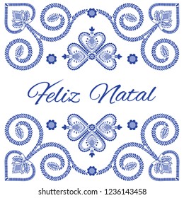 Nordic folk art season card vector template. Feliz Natal - Merry Christmas in Portuguese. Folklore style design background in blue and white colors for banner, greeting, party invitation, poster.