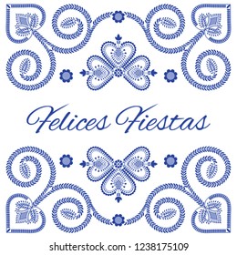 Nordic folk art season card vector template. Felices Fiestas – Happy Holidays in Spanish language. Folklore style design background in blue and white for banner, greeting, party invitation, poster.