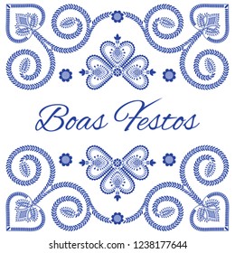 Nordic folk art season card vector template. Boas Festos – Happy Holidays in Portuguese language. Folklore style design background in blue and white for banner, greeting, party invitation, poster.