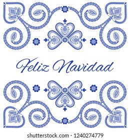 Nordic folk art season card vector template. Feliz Navidad - Merry Christmas in Spanish language. Folklore style design background in blue and white for banner, greeting, party invitation, poster.