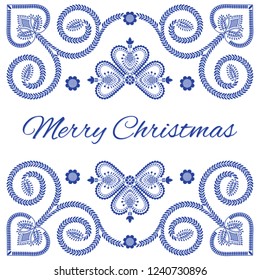 Nordic folk art season card vector template. Merry Christmas background in blue and white colors. Scandinavian style design for banner, poster, greeting card, gift tags.