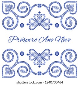 Nordic folk art season card vector template. Prospero Ano Novo - Happy New Year in Portuguese language. Folklore style design background in blue and white for banner, party invitation, poster.