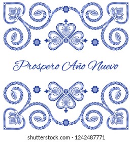 Nordic folk art season card vector template. Prospero Ano Nuevo - Happy New Year in Spanish language. Folklore style design background for banner, greeting, party invitation, poster.