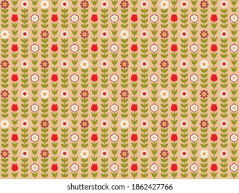Nordic folk floral pattern. Red and beige color retro background design.