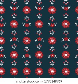 Nordic folk floral seamless pattern. Floral stripes in navy background. Minimal and modern flower print.