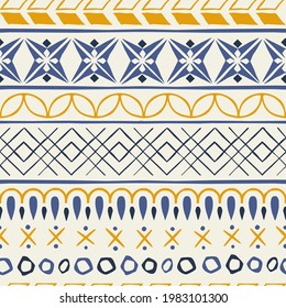 Nordic folk navy mustard ornamental seamless pattern with textured lines and hand made effect of traditional craft. Perfect for cozy hygge home decor, ethnic, fairy tale, viking culture designs.