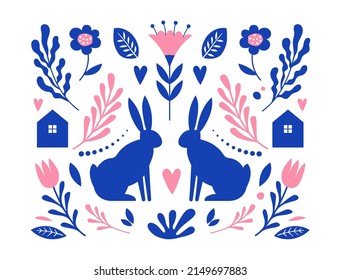 Nordic Folk pattern with bunnies and floral elements