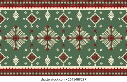 Nordic Folk Rug Border Pattern – Seamless Christmas Textile Design in Red and Green. Ideal for Christmas-themed fabric designs, wrapping papers, digital backgrounds, borders for greeting cards.