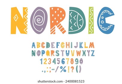 Nordic font, Scandinavian type or traditional folk typeface, vector doodle style English alphabet. Nordic ABC font and signs with Scandinavian ethnic ornament or cartoon art design letters and symbols