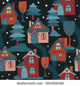 Nordic forest house seamless vector pattern. Hand drawn scandinavian cartoon village illustration on a dark background. Woodland buildings kid drawing.