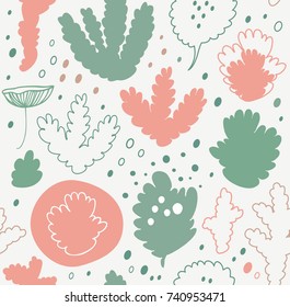 Nordic forest, seamless vector pattern with lichen, moss. Decorative nature background in trendy colors