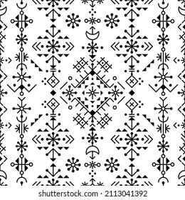 Nordic geometric tribal line art vector seamless patten, textile or fabric print design inspired by Viking rune ornamnets from Iceland. Monochrome folk art background with moons, flowers and stars 