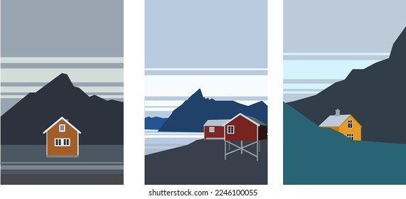 Nordic house in mountains. Travelling poster. Minimalist graphic flyers. Polygonal flat design for coupons, vouchers, gift card. Vector illustration.