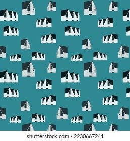 Nordic house pattern on the blue background. Good fit for packing paper. Scandinavian forest vector pattern. Nordic nature landscape concept. Perfect for kid's fabric, textile, and nursery wallpaper. 