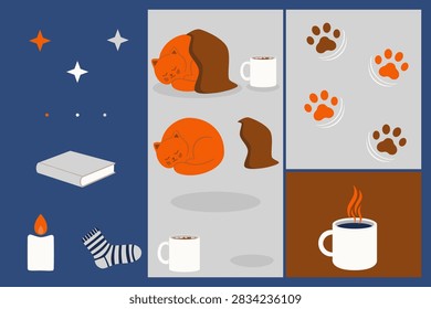 Nordic hygge winter element set and clip art collection. Flat vector illustration featuring sleeping orange cat, hot cocoa mug, book, and candle.