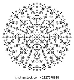 Nordic Icelandic rune style geometric vector mandala design- tribal line art decoration with moons, flowers. Iceland's folk art mandala pattern, abstract background in black and white
