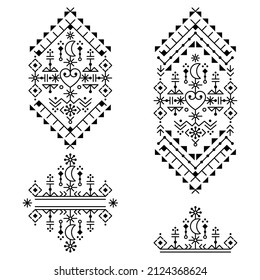 Nordic Icelandic style geometric tribal line art vector design set, black and white pattern collection with hearts and moons inspired by Viking runes. Cool minimalist ornaments, Iceland's folk art