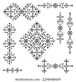 Nordic Icelandic style geometric tribal line art vector black and white design collection, monochrome pattern set inspired by Viking runes. Cool modern ornaments, Iceland's folk art style decoration 