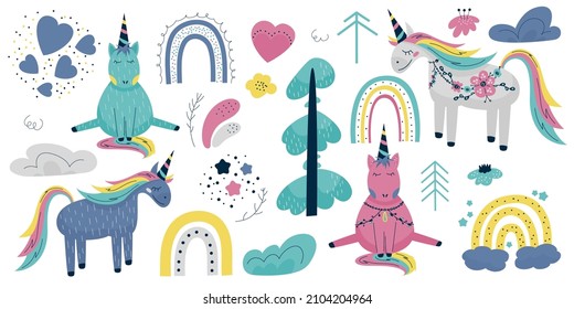 Nordic kids set. Scandinavian unicorn with flowers, trees, rainbows and hearts. Fairy horse for children in pastel colors. Stars, clouds and cute animals. Hand drawn trendy vector illustration.