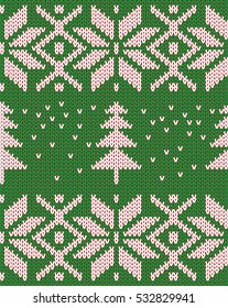 Nordic knitted pattern with Christmas trees and snow, in green, white and red, vector illustration