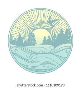 Nordic landscape. Coniferous forest on the coast of lake or river. Vector template for logo, t-shirt print and other designs
