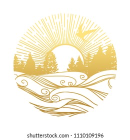 Nordic landscape. Coniferous forest on the coast of lake or river. Vector template for logo, t-shirt print and other designs