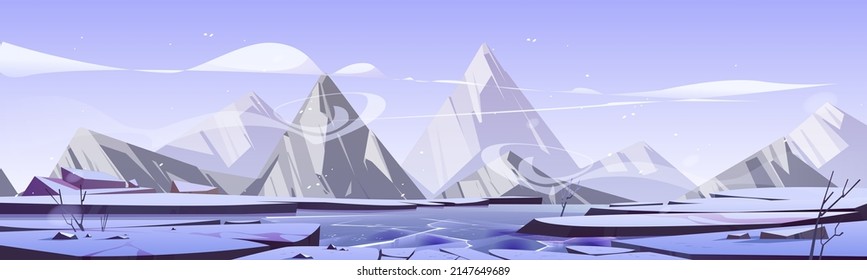 Nordic landscape with frozen lake and mountains in winter. Northern nature scene of valley with ice on river, snow and rocks on horizon, vector cartoon illustration