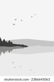 Nordic landscape with hills and water illustration poster. Aesthetic minimalist fog mountains with flying birds.