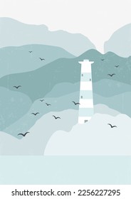 Paisaje nórdico con faro y afiche de montañas. Paisajes naturales