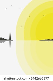 Nordic landscape with lighthouse near water illustration. View on lighthouse in the sunny ocean minimalist print.