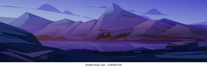 Nordic landscape with mountains and river at night. Vector cartoon illustration of nature scene with lake with stone shore, rocks range and reflection in water