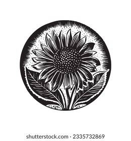Nordic linocut floral in rustic circle motif for quirky print. Hand drawn botanical graphic in retro scandi style design. 