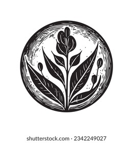 Nordic linocut floral in rustic circle motif for quirky print. Hand drawn botanical graphic in retro scandi style design. 