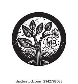 Nordisches Linocut-Blumenmotiv in rustikalem Kreismotiv für undurchsichtigen Druck. Handgezeichnete botanische Grafik in Retro-Skandinavien-Design. 