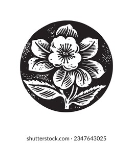 Nordic linocut floral in rustic circle motif for quirky print. Hand drawn botanical graphic in retro scandi style design. 