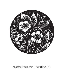 Nordic linocut floral in rustic circle motif for quirky print. Hand drawn botanical graphic in retro scandi style design. 