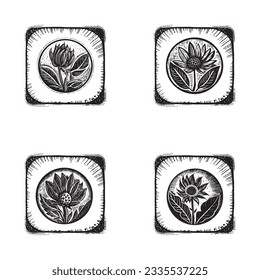 Lino nórdico floral con motivos rústicos para un juego de logos peculiar. Gráfica botánica dibujada a mano en la colección de diseño de estilo escandi retro.