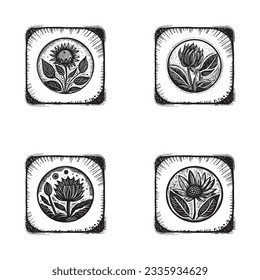 Lino nórdico floral con motivos rústicos para un juego de logos peculiar. Gráfica botánica dibujada a mano en la colección de diseño de estilo escandi retro.