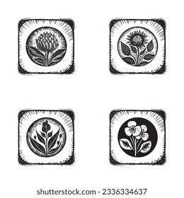 Lino nórdico floral con motivos rústicos para un juego de logos peculiar. Gráfica botánica dibujada a mano en la colección de diseño de estilo escandi retro.