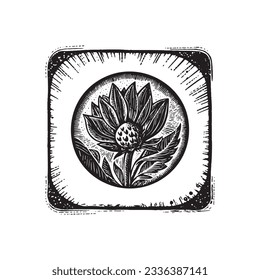 Lino nórdico floral con motivos rústicos para la estampación peculiar del logo. Dibujo botánico dibujado a mano en diseño de estilo escandi retro. 