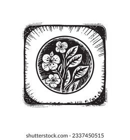 Lino nórdico floral con motivos rústicos para la estampación peculiar del logo. Dibujo botánico dibujado a mano en diseño de estilo escandi retro. 