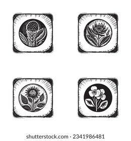 Lino nórdico floral con motivos rústicos para un juego de logos peculiar. Gráfica botánica dibujada a mano en la colección de diseño de estilo escandi retro.