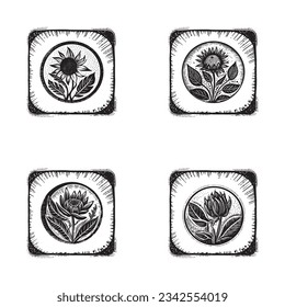 Lino nórdico floral con motivos rústicos para un juego de logos peculiar. Gráfica botánica dibujada a mano en la colección de diseño de estilo escandi retro.