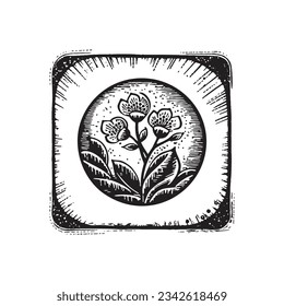 Nordic linocut floral in rustic frame motif for quirky logo print. Hand drawn botanical graphic in retro scandi style design. 