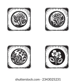 Lino nórdico floral con motivos rústicos para un juego de logos peculiar. Gráfica botánica dibujada a mano en la colección de diseño de estilo escandi retro.